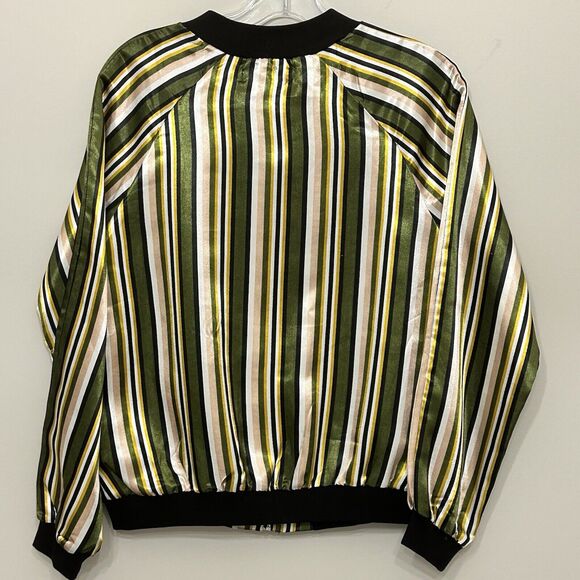 Truly 4 You Satin Jacket Womens Small Green Shiny Striped Bomber Retro - Picture 2 of 11